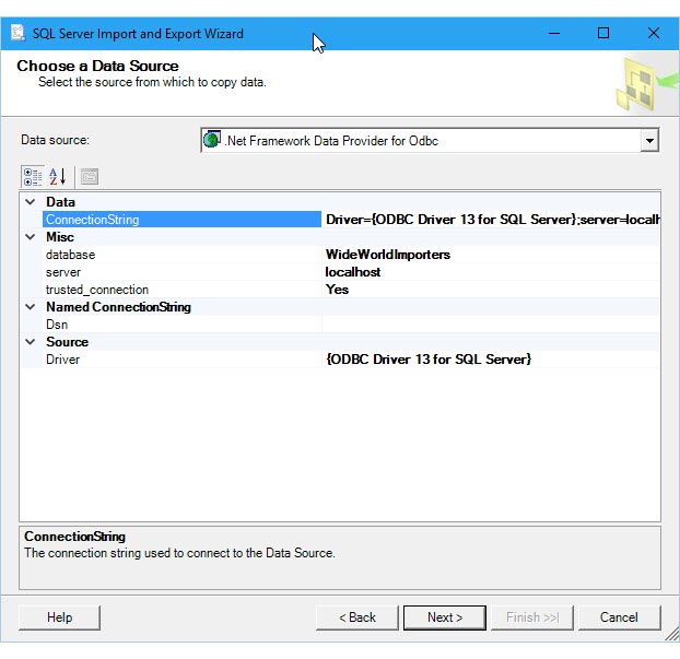 [データ ソースの選択] メニュー (SQL Server インポートおよびエクスポート ウィザード) のスクリーンショット。