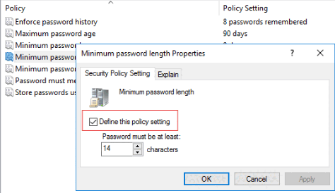 パスワードの最小長のセキュリティ ポリシー設定のスクリーンショット。