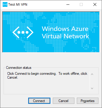 Azure バーチャルネットワークに接続するテスト MI VPN のスクリーンショット。