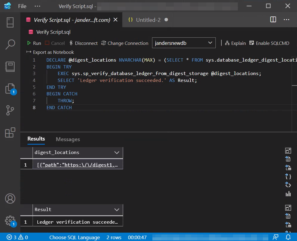 Visual Studio Code を使用して台帳の検証を実行しているスクリーンショット。