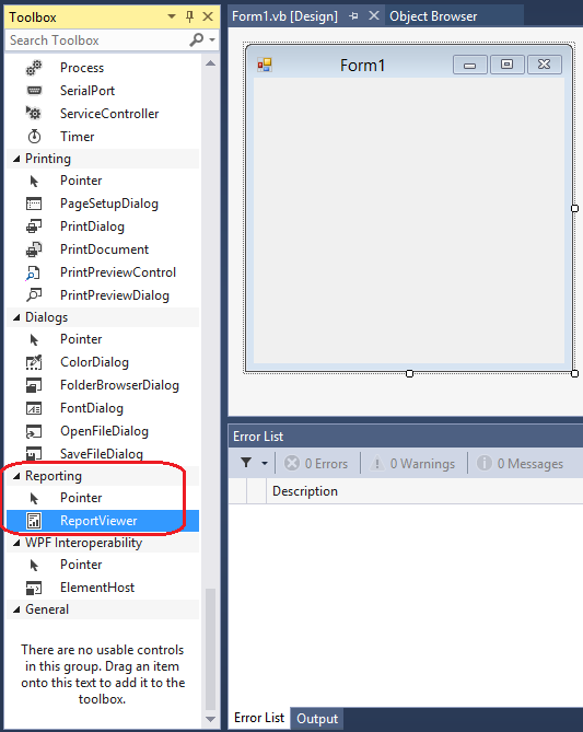 ツールボックスのスクリーンショットで、ReportViewerコントロールを強調しています。