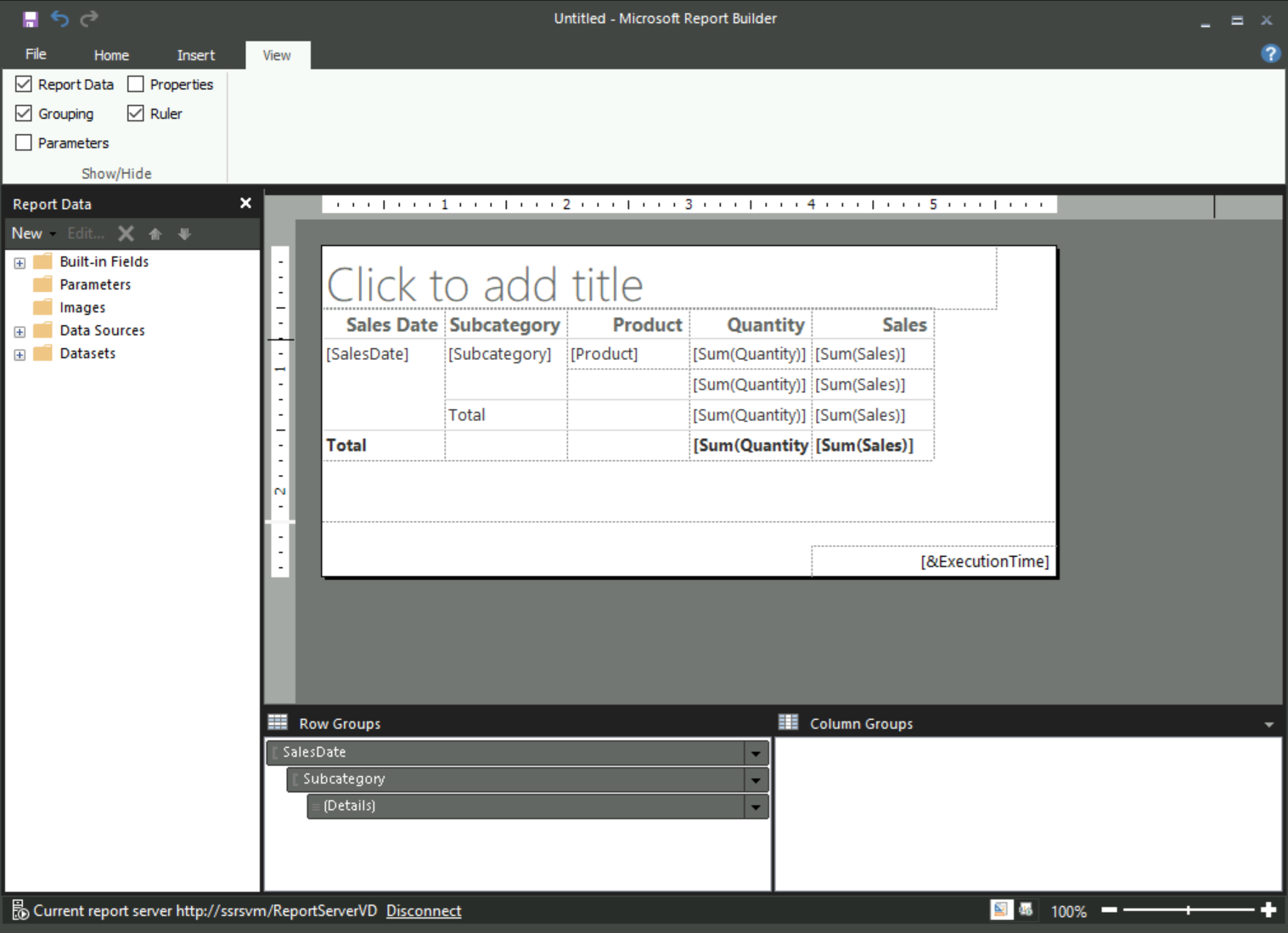 レポート ビルダーのデザイン サーフェイスで開いている新しいテーブル レポートのスクリーンショット。
