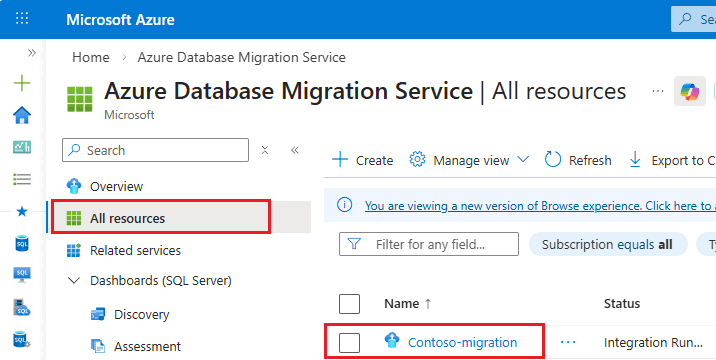 Azure portal の DMS [すべてのリソース] ページのスクリーンショット。