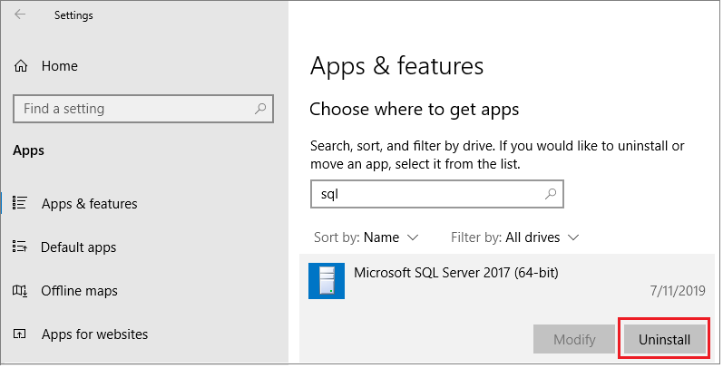 SQL Server をアンインストールする方法を示すスクリーンショット