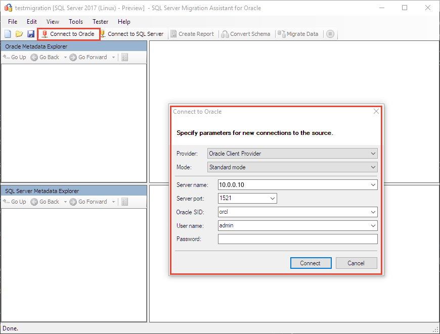Oracle に接続する方法を示すスクリーンショット。