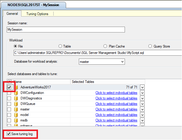 db の DTA オプションのスクリーンショット。