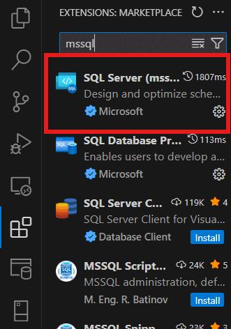 Visual Studio Code での MSSQL 拡張機能のインストールのスクリーンショット。
