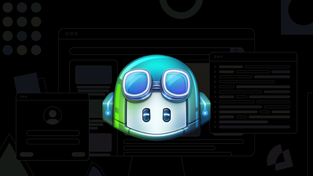 背景が黒い GitHub Copilot アイコンのメタリック バージョンの図。