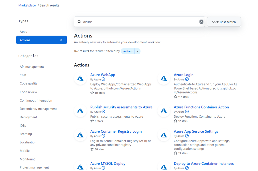 Azure の検索結果を示す GitHub Marketplace のスクリーンショット。