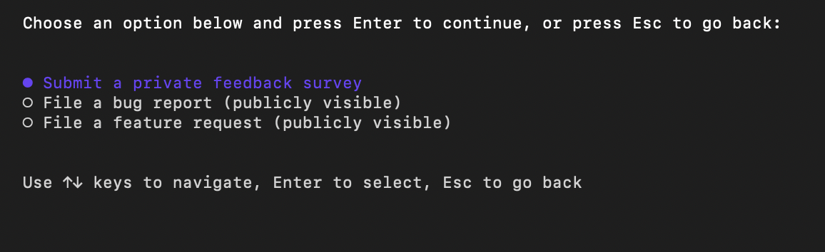 Copilot CLI 対話型モードで /feedack スラッシュ コマンドを使用しているスクリーンショット。