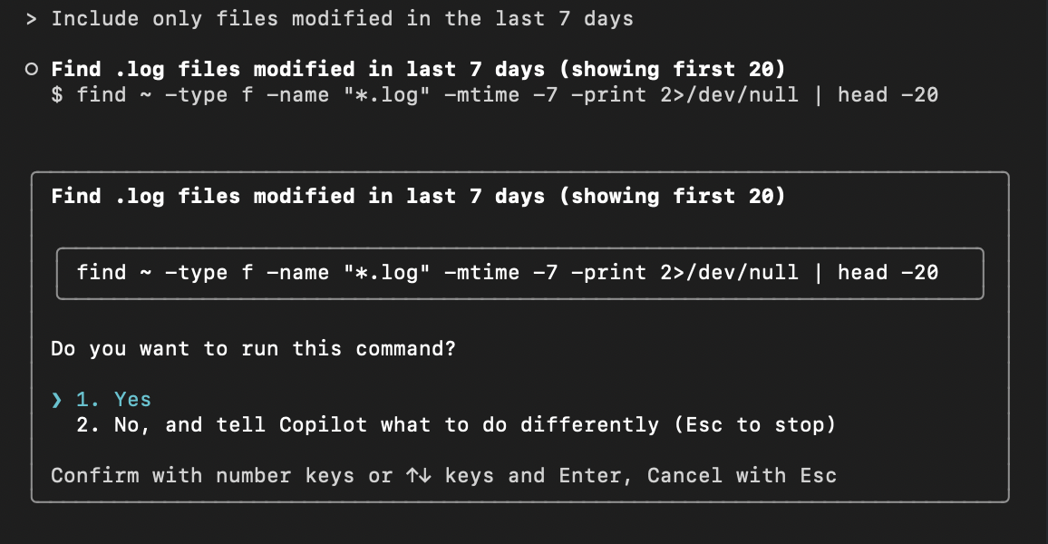 フォローアップ プロンプトに基づいて提案が改善された Copilot CLI のスクリーンショット。