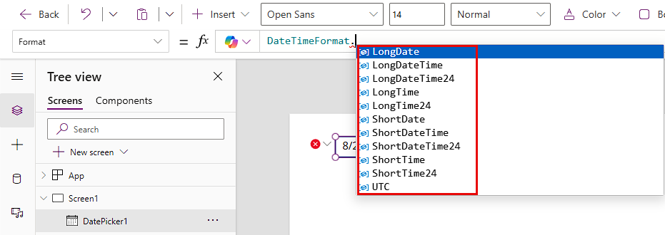 DateTimeFormat のオプション (LongDate、LongDateTime など) が表示された fx フィールドのスクリーンショット。