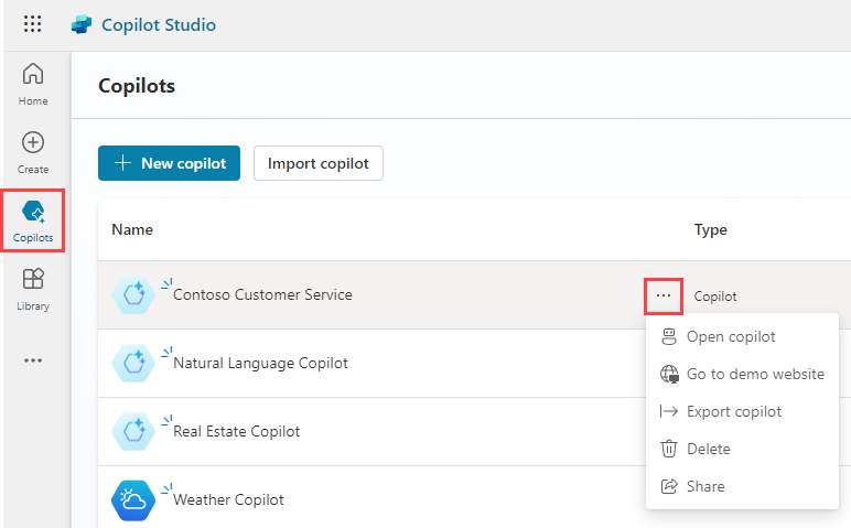エージェント メニュー オプションのスクリーンショット。