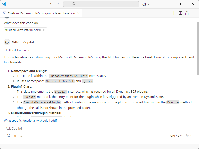 GitHub Copilot チャットを示すスクリーンショット。