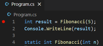 Visual Studio Code エディター ウィンドウに追加されたブレークポイントのスクリーンショット。