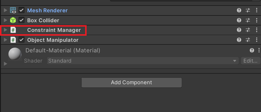 キューブに追加された制約マネージャー スクリプトのスクリーンショット。