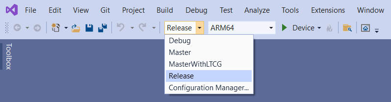 プロジェクトのビルド オプションを含む Visual Studio ウィンドウのスクリーンショット。