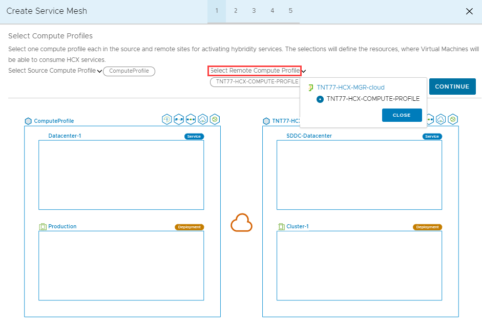 Azure VMware Solution でのリモート コンピューティング プロファイルの選択を示すスクリーンショット。