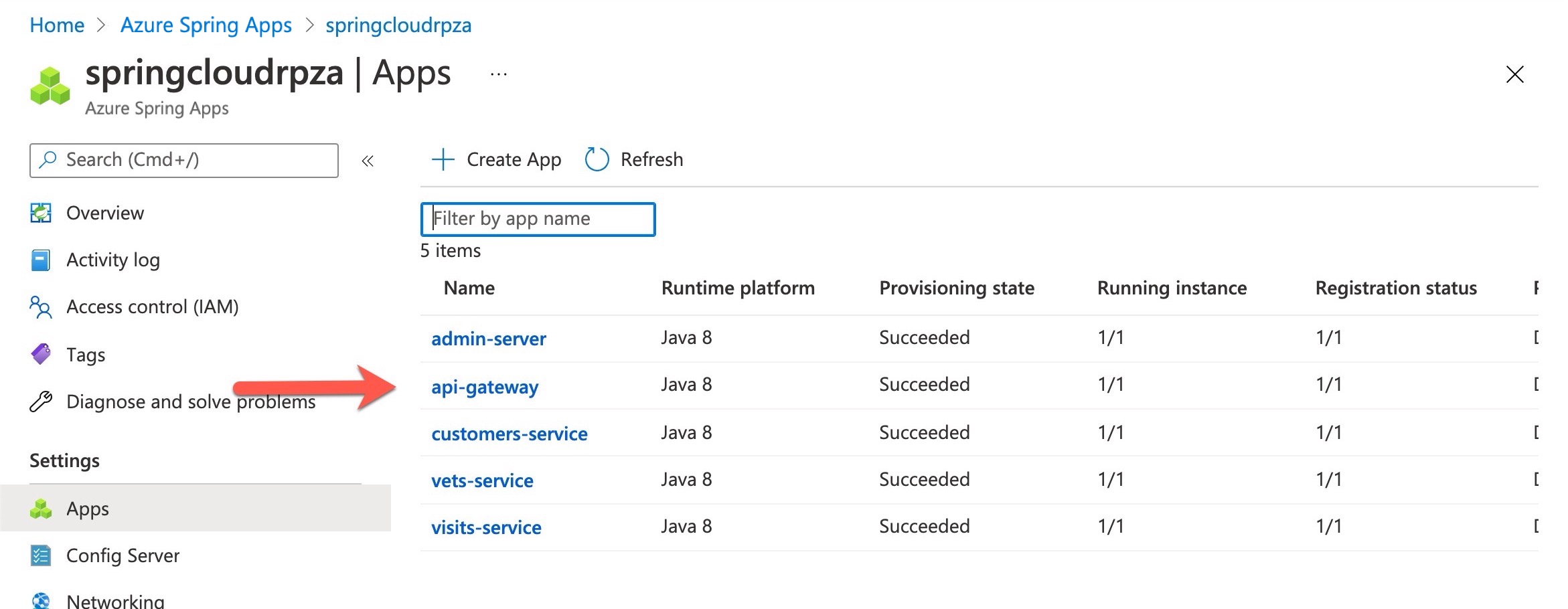 Spring アプリの下のアプリケーションを示すスクリーンショット。