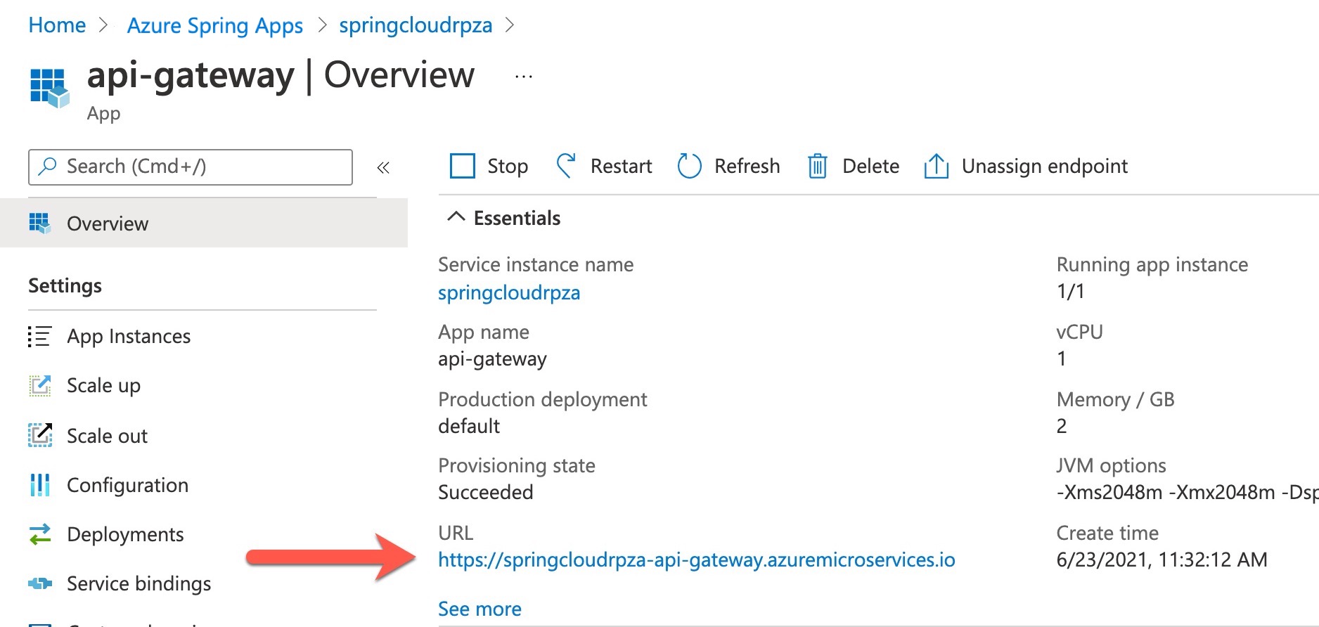Spring ゲートウェイの URL を示すスクリーンショット。