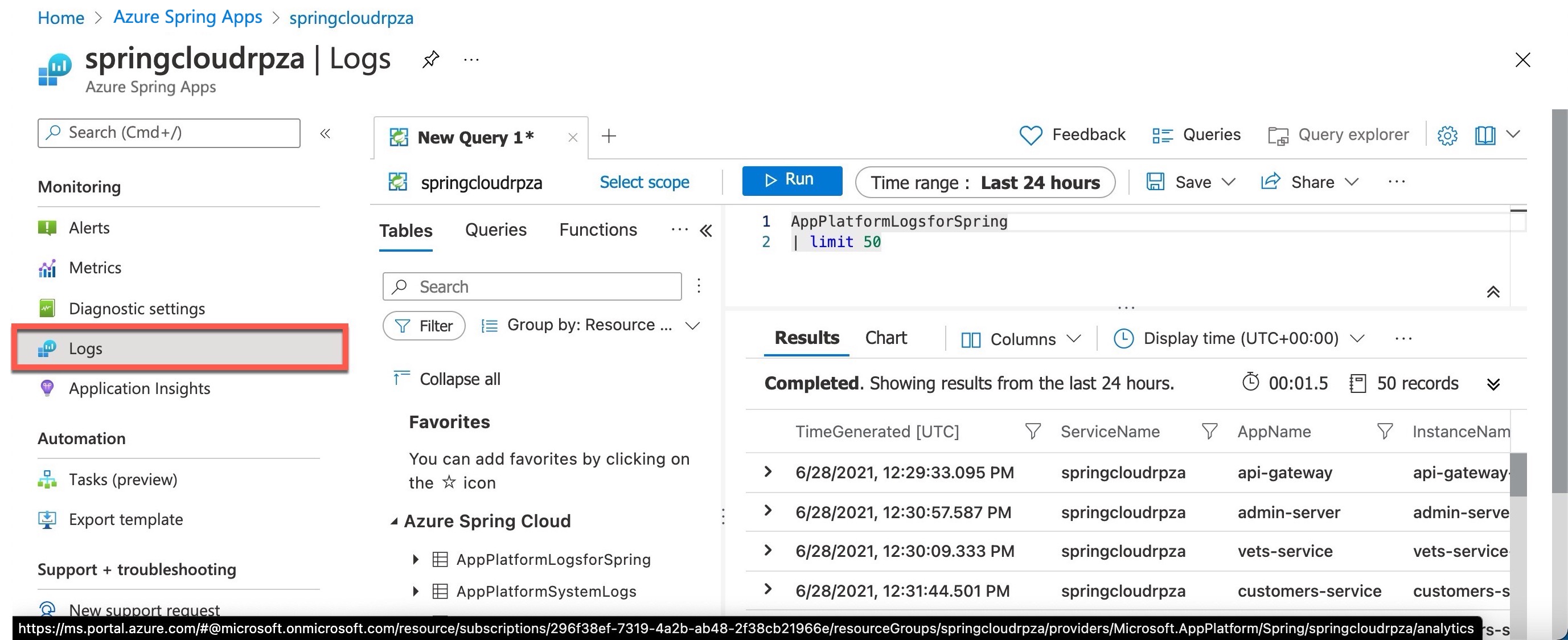 Azure Spring Apps ログのクエリを示すスクリーンショット。