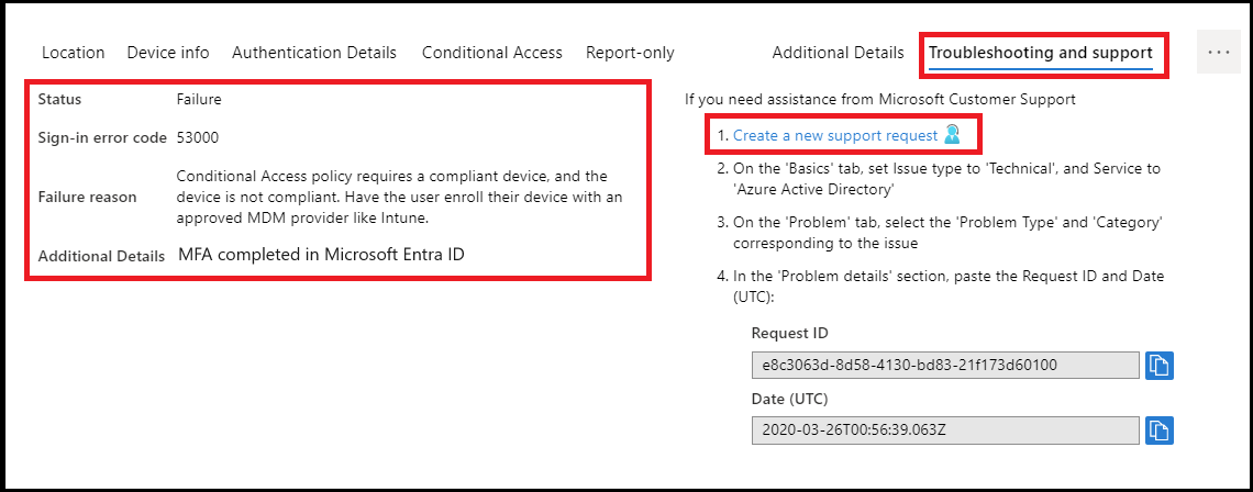 サインイン イベントの [トラブルシューティングとサポート] タブのスクリーンショット。ウィザードは問題の解決に役立ちます。
