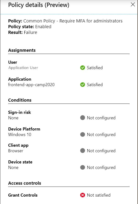 Microsoft Entra 条件付きアクセスの [ポリシーの詳細 (プレビュー)] 画面のスクリーンショット。