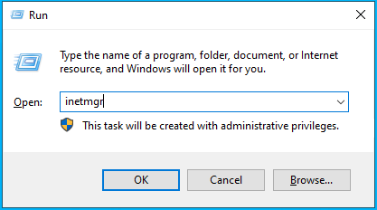 [実行] ウィンドウに「inetmgr」と入力したスクリーンショット。