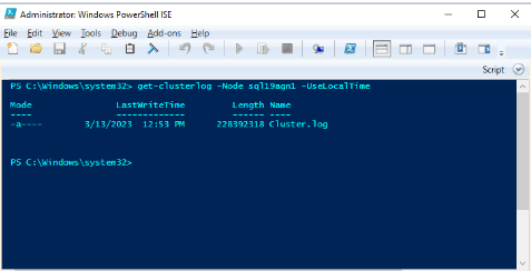 SQL Server 名として sql19agn1 の PowerShell ウィンドウを示すスクリーンショット。