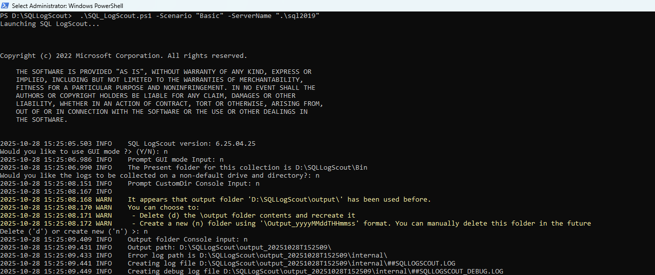 管理者特権の PowerShell コマンド プロンプト ウィンドウから SQL LogScout を開始する。