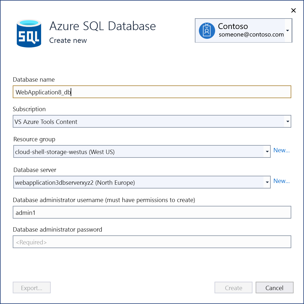 [新しい Azure SQL データベース] 画面を示すスクリーンショット。