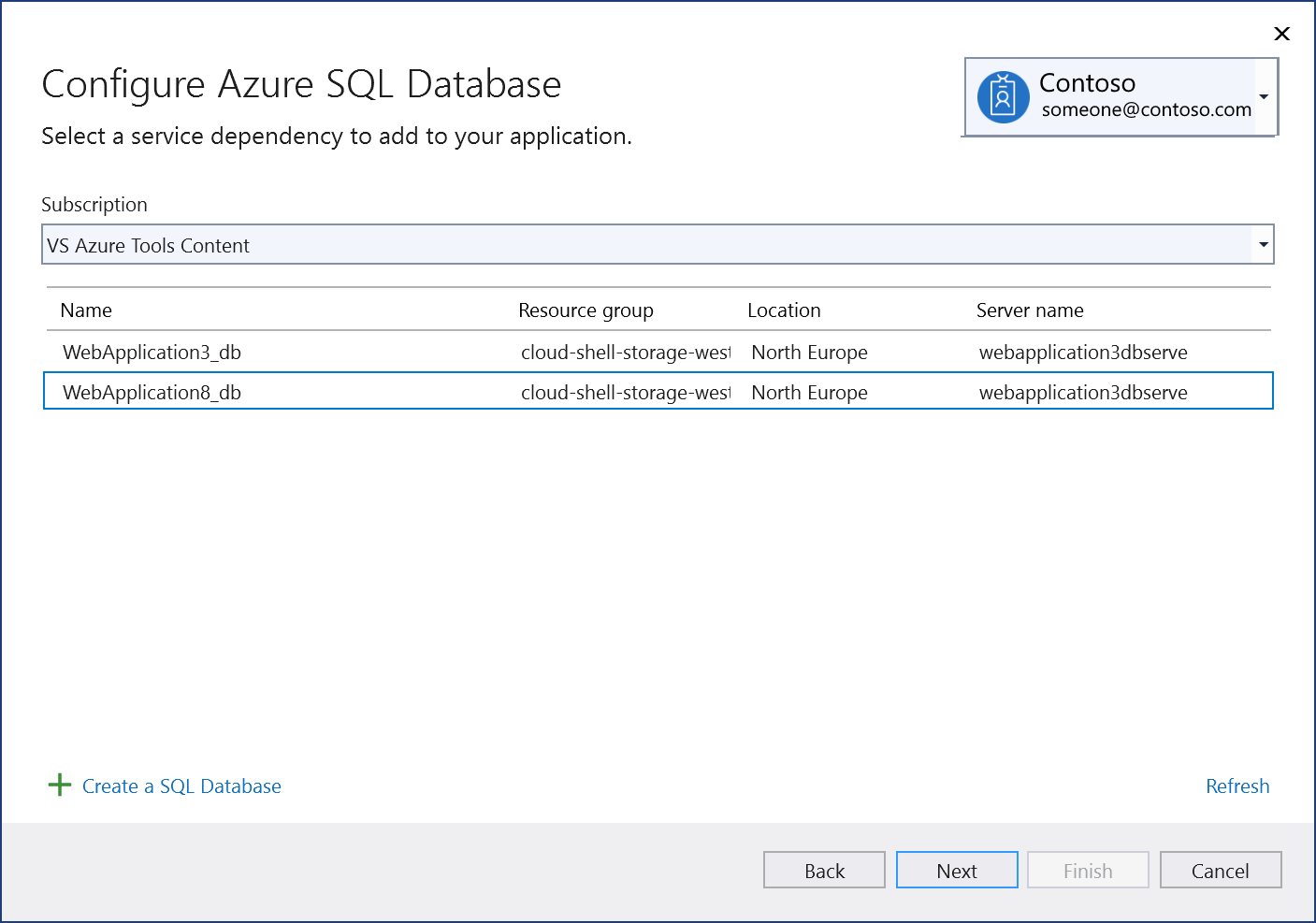 [Connect to existing Azure SQL Database component]\(既存の Azure SQL Database コンポーネントに接続する\) 画面を示すスクリーンショット。