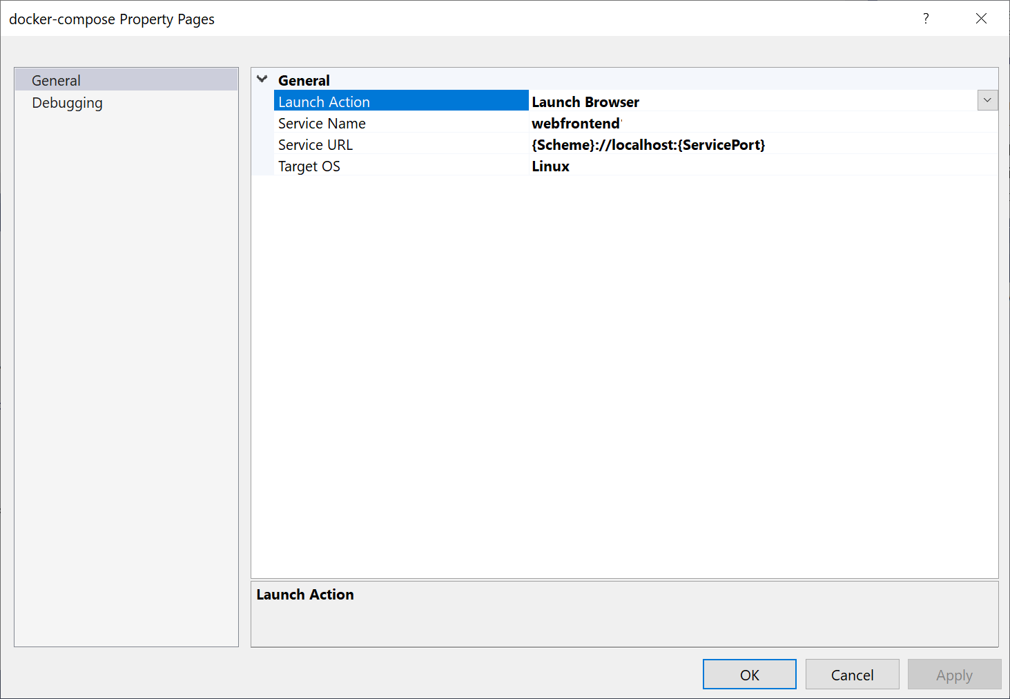 Docker Compose プロジェクトのプロパティのスクリーンショット。