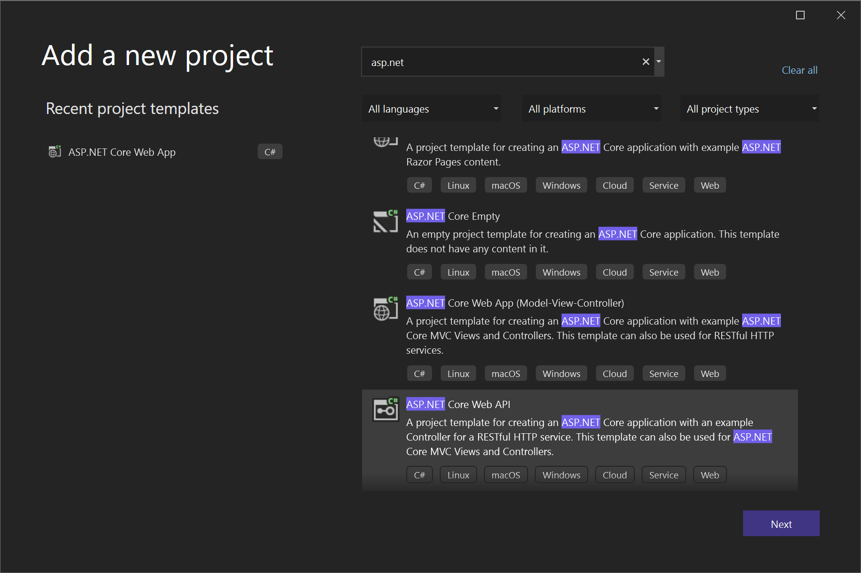 Web API プロジェクトの作成のスクリーンショット。