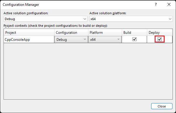 Visual Studio Solution Explorer内のConfiguration Managerのスクリーンショット。デバッグ構成が選択され、[配置] がオンになっています。