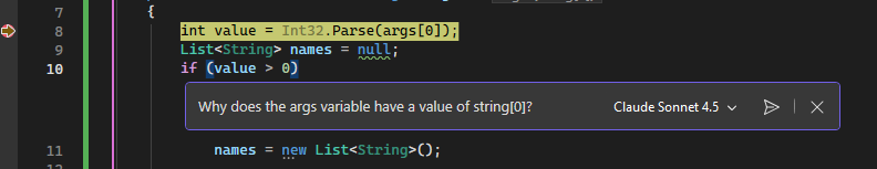 インライン Copilot チャットのスクリーンショット。