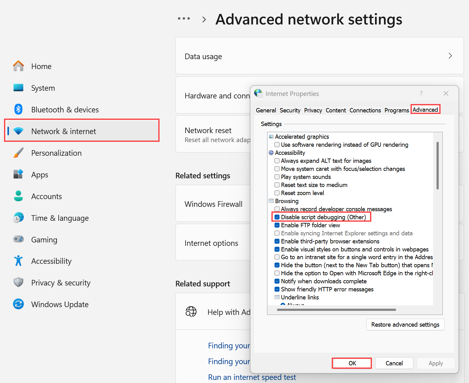 Windows コントロール パネルで「スクリプト デバッグを無効にする」オプションを選択する方法を示すスクリーンショット