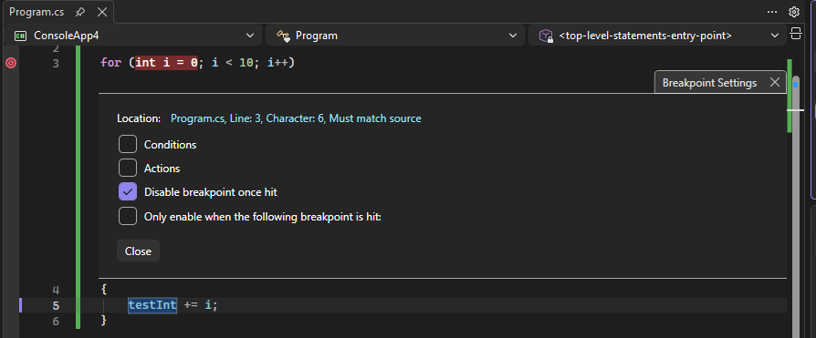 一時的なブレークポイントを示すスクリーンショット。
