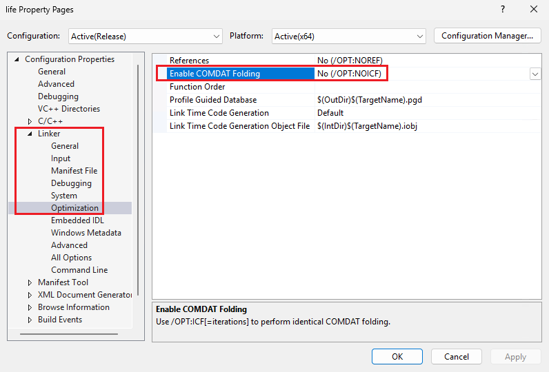 リンカー最適化プロジェクトのプロパティを示すスクリーンショット。