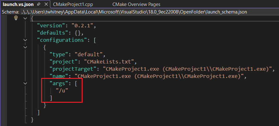 args 要素が強調表示されている launch.vs.json ファイルのスクリーンショット