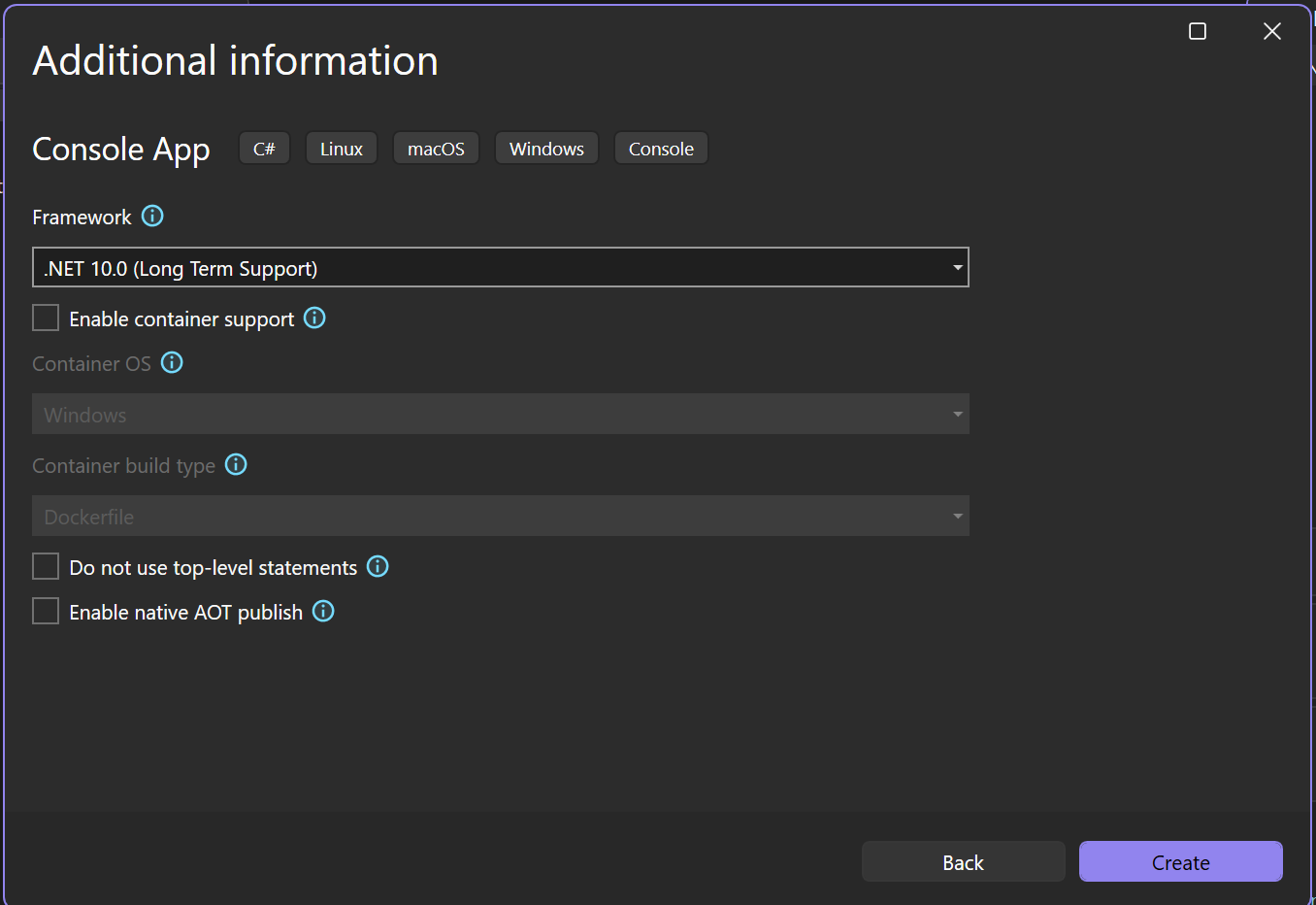 新しいプロジェクトのターゲット フレームワークとして選択された .NET 10.0 を示す Visual Studio の [追加情報] ウィンドウのスクリーンショット。