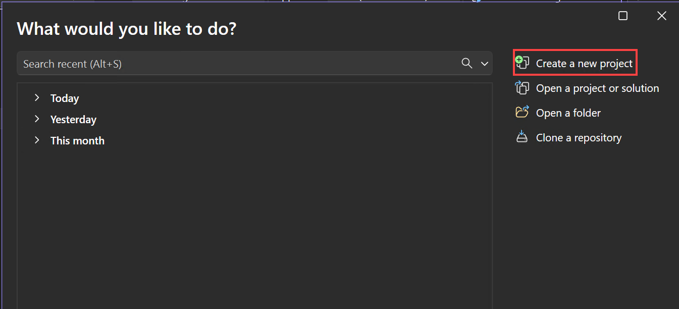 スクリーンショットは、Visual Studio のスタート ウィンドウを示しています。[新しいプロジェクトの作成] オプションが強調表示されています。