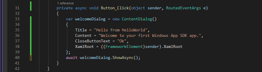 新しい非同期myButton_Click イベント ハンドラーの C# コードを示すスクリーンショット。