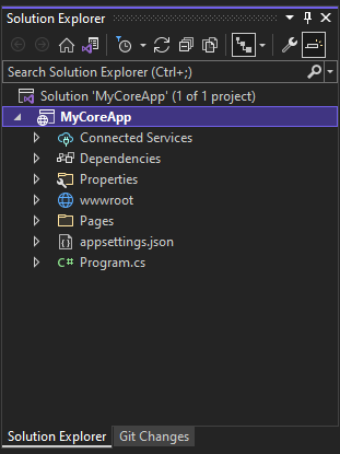 スクリーンショットは、Visual Studio のソリューション エクスプローラーで選択されている MyCoreApp プロジェクトとその内容を示しています。