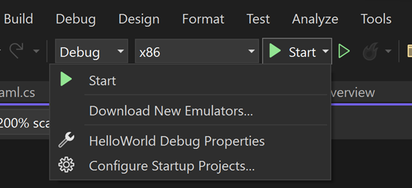 [ローカル コンピューター] が選択されている [再生] ボタンの横にドロップダウン ボックスが開いているスクリーンショット。