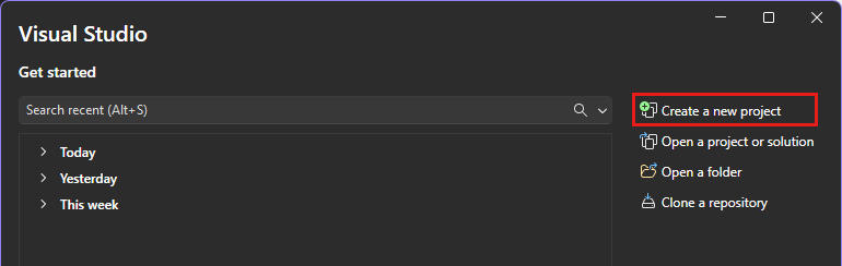 Visual Studio のスタート ウィンドウの [新しいプロジェクトの作成] オプションのスクリーンショット。
