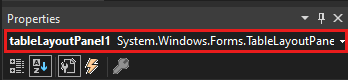 TableLayoutPanel コントロールを示す [プロパティ] ウィンドウを示すスクリーンショット。