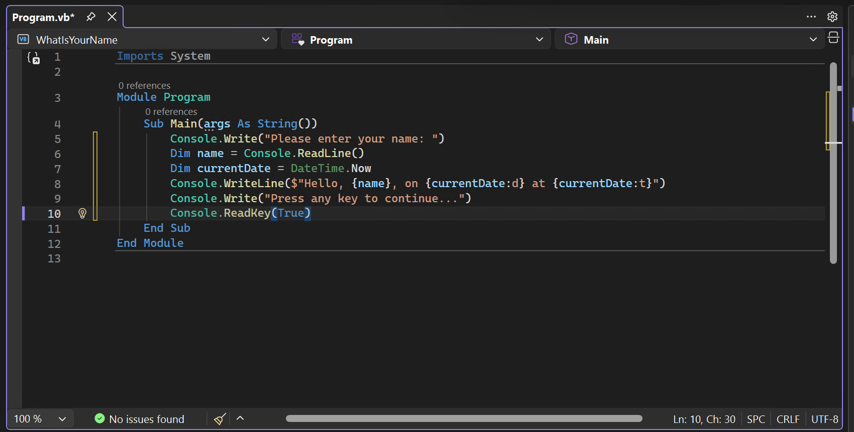 Visual Basic コード エディターに読み込まれた 'WhatIsYourName' プロジェクトの 'Program.vb' ファイルのコードを示すスクリーンショット。
