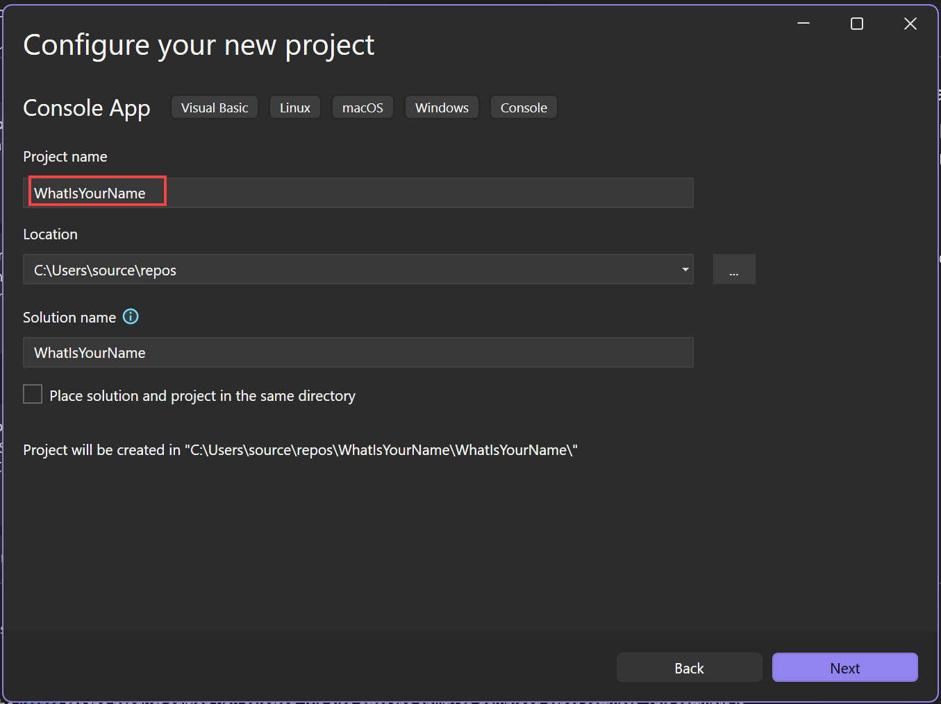 [プロジェクト名] フィールドが [WhatIsYourName] に設定されている Visual Studio の [新しいプロジェクトの構成] ウィンドウを示すスクリーンショット。