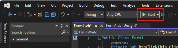 スクリーンショットは、アプリを実行する [スタート] ボタンを示しています。